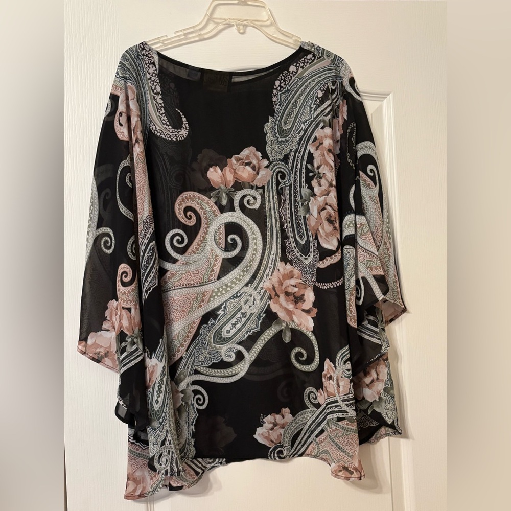Bob Mackie 3X Black Sheer Rose Paisley Poncho Kimono topper pink floral flutter - Picture 4 of 14